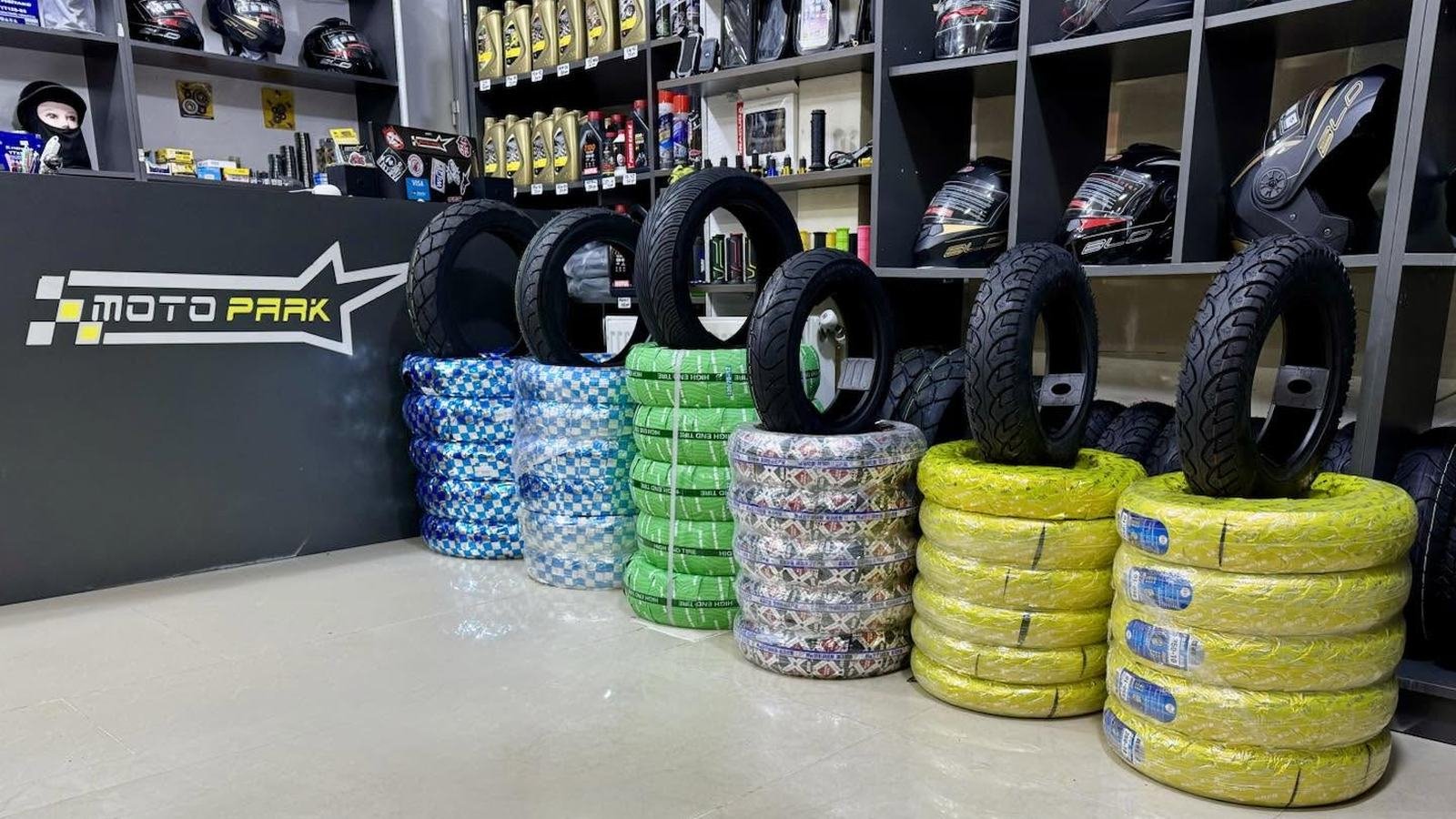 Counter and tyre display at the Moto Park shop in Tbilisi