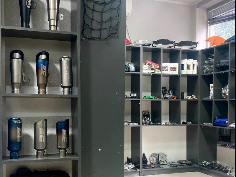 Exhaust cans and accessories on the showroom shelves